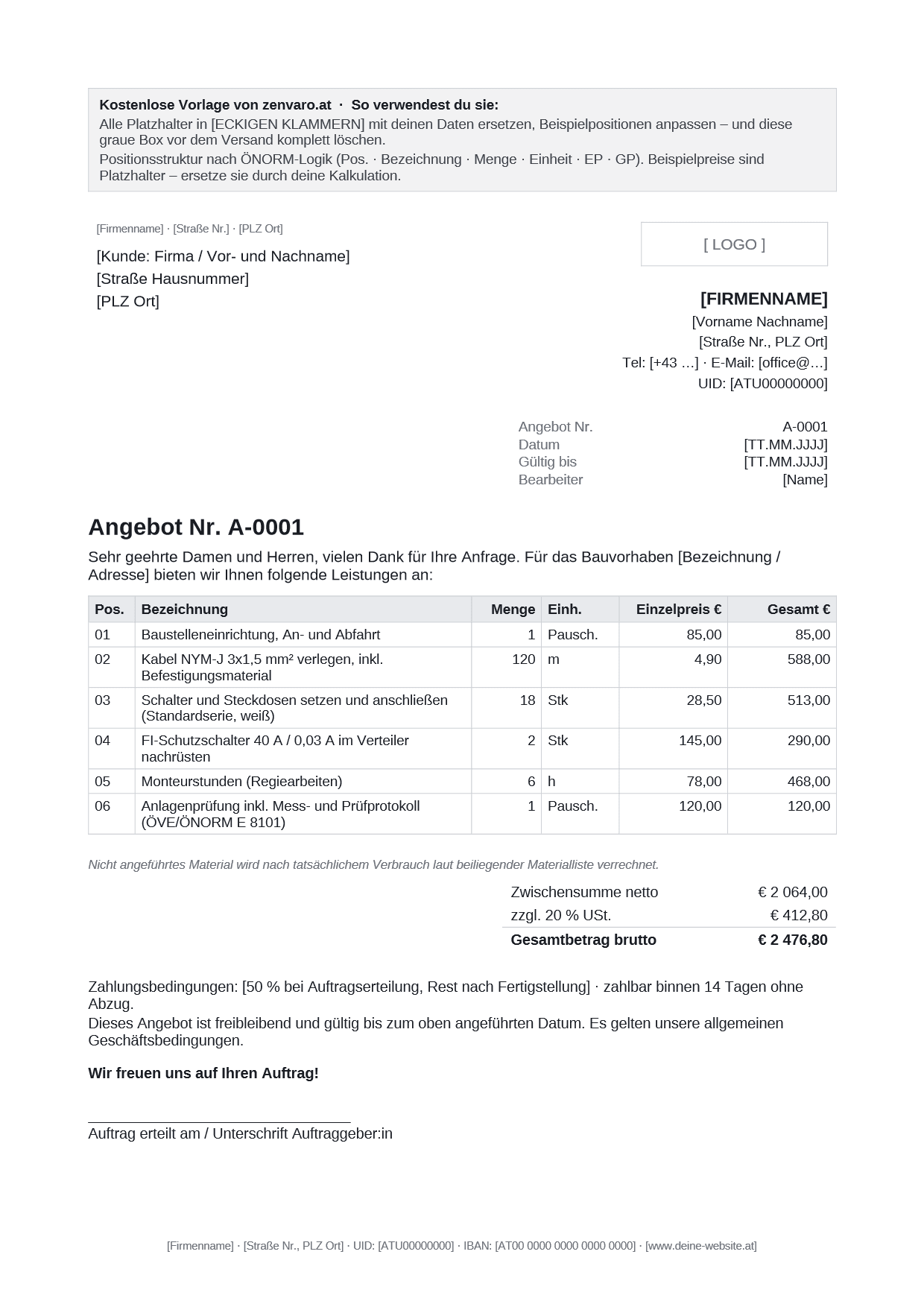 Vorschau der Angebotsvorlage: erste Seite mit Positionstabelle, Netto, 20 % USt und Bruttosumme