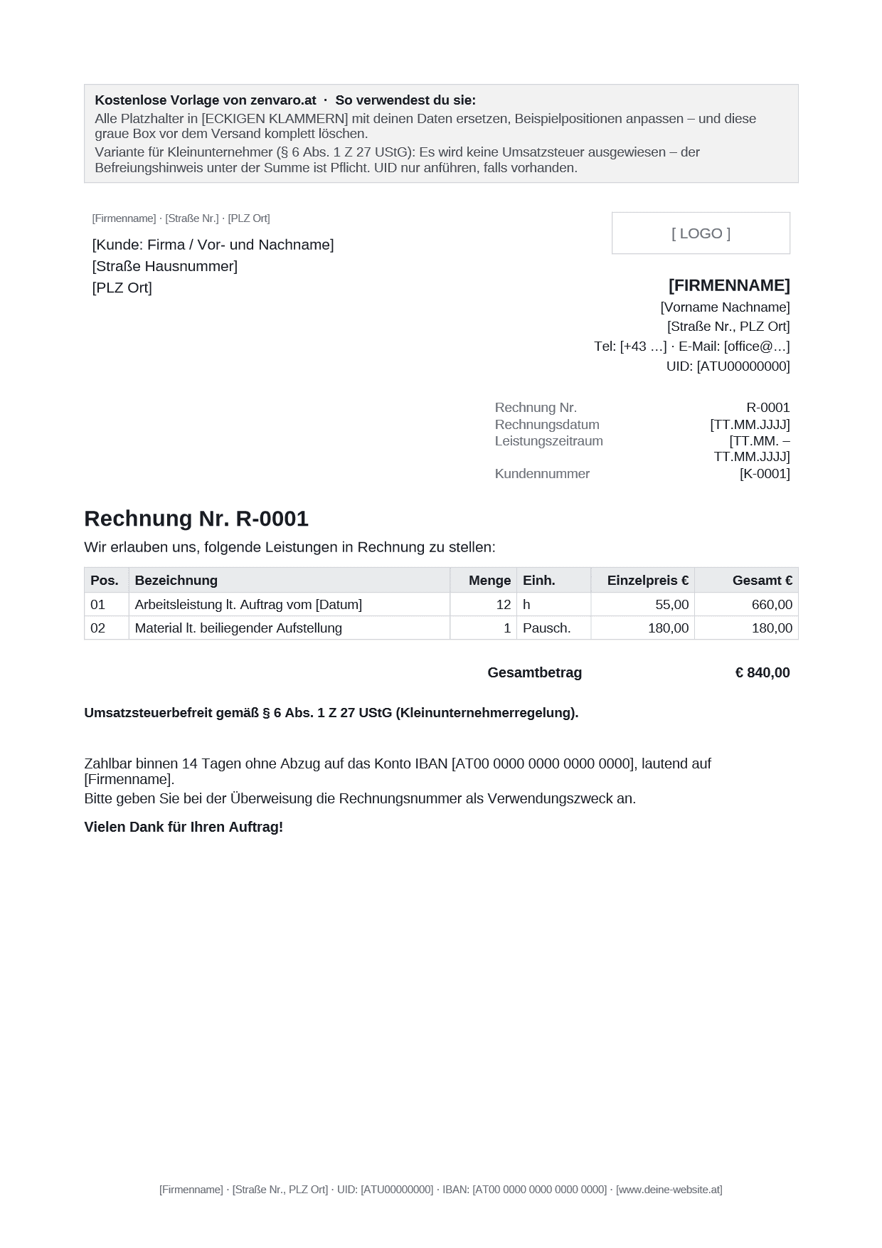 Vorschau der Rechnungsvorlage für Kleinunternehmer ohne Umsatzsteuer, mit Hinweis auf die Steuerbefreiung